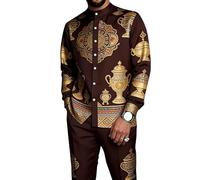 oneforus Completo da Uomo Africano in 2 Pezzi Dashiki Abito Tradizionale con Colletto alla Coreana Camicia a Maniche Lunghe con Bottoni e Pantaloni
