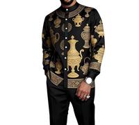 oneforus Completo da Uomo Africano in 2 Pezzi Dashiki Abito Tradizionale con Colletto alla Coreana Camicia a Maniche Lunghe con Bottoni e Pantaloni