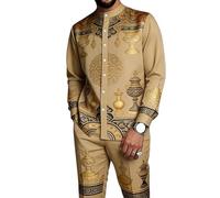 oneforus Completo da Uomo Africano in 2 Pezzi Dashiki Abito Tradizionale con Colletto alla Coreana Camicia a Maniche Lunghe con Bottoni e Pantaloni