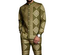 oneforus Completo da Uomo Africano in 2 Pezzi Dashiki Abito Tradizionale con Colletto alla Coreana Camicia a Maniche Lunghe con Bottoni e Pantaloni