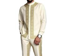 oneforus Completo da Uomo Africano in 2 Pezzi Dashiki Abito Tradizionale con Colletto alla Coreana Camicia a Maniche Lunghe con Bottoni e Pantaloni