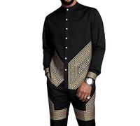 oneforus Completo da Uomo Africano in 2 Pezzi Dashiki Abito Tradizionale con Colletto alla Coreana Camicia a Maniche Lunghe con Bottoni e Pantaloni