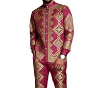 oneforus Completo da Uomo Africano in 2 Pezzi Dashiki Abito Tradizionale con Colletto alla Coreana Camicia a Maniche Lunghe con Bottoni e Pantaloni