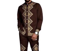 oneforus Completo da Uomo Africano in 2 Pezzi Dashiki Abito Tradizionale con Colletto alla Coreana Camicia a Maniche Lunghe con Bottoni e Pantaloni