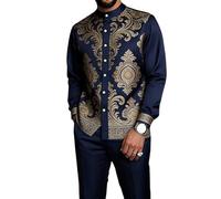 oneforus Completo da Uomo Africano in 2 Pezzi Dashiki Abito Tradizionale con Colletto alla Coreana Camicia a Maniche Lunghe con Bottoni e Pantaloni