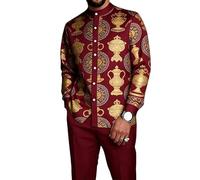 oneforus Completo da Uomo Africano in 2 Pezzi Dashiki Abito Tradizionale con Colletto alla Coreana Camicia a Maniche Lunghe con Bottoni e Pantaloni