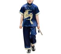 oneforus Set da 2 Pezzi per Ragazzi Tuta da Wushu con Ricamo di Drago Maglietta a Maniche Corte e Pantaloni in Stile Cinese Estivo Abbigliamento per Kung Fu e Tai Chi