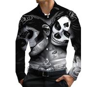 oneforus Uomo Gotico Scheletro 3D Digitale Stampato Manica Lunga Camicia novità Colletto Rivoltato Camicie con Bottoni Top