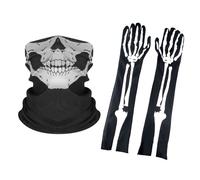 ONEINHE Guanti da scheletro di Halloween, lunghezza 50 cm, maschera per viso a forma di teschio, metà ossa fantasma, per adulti, Halloween, cosplay, danza, feste in costume, Nero , Taglia unica