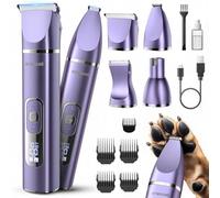 oneisall Kit 4 in 1 per la toelettatura del cane con display LCD, tagliacapelli per zampe, tagliaunghie ricaricabile, senza fili, a basso rumore, IPX7, impermeabile, viola