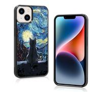 Onemiliayears Custodia per iPhone 15 con gatto nero, motivo Van Gogh, design antiscivolo e assorbimento degli urti, telaio in morbido gel di silice, supporto nero per ragazze e sorelle