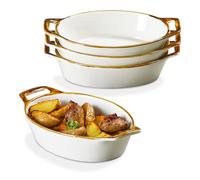 ONEMORE Au Gratin - Teglia da forno ovale in ceramica con manici, 15,2 x 20,3 cm, per 1-2 persone, adatta al forno per torte e pasti, set di 4 piatti da portata singoli, bordo marrone