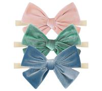 ONENINEDREAM Fasce per capelli da 10,2 cm, in velluto lucido, fatte a mano, con fiocco, in nylon, accessori per capelli per neonate, 3 pezzi, azzurro, rosa acqua