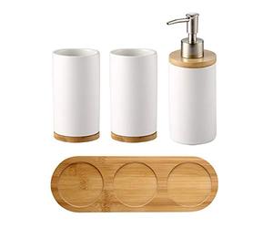 OnePine Set di 4 Accessori per Bagno, Ceramica, con Dispenser per Sapone, Portaspazzolino, Bicchiere per Lo Spazzolino, Vassoio di bambù