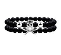 Oneress 2 braccialetti fatti a mano con ciondoli a forma di teschio, per donne e uomini, perline di ossidiana nera da 8 mm, set di braccialetti elasticizzati significativi gioielli gotici, Ottone