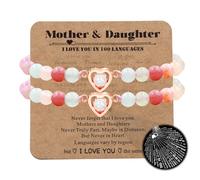 Oneress Braccialetto in giada afgana naturale con 100 lingue I Love You con cuore in acciaio inossidabile Proiezione 1/2/3PC Festa della mamma Gioielli Set regalo per madre e figlia YA4748, Medium