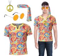 Oneshlee 70s Costume Hippie Uomo, Costume Carnevale Uomo, Vestito Carnevale Costumi Halloween Adulto, 60s Disco Travestimenti Festa Accessori Set Maglietta Fascia Per Capelli Collana (XXL)