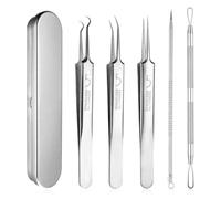 OneTreeTime 5 Pcs Blackhead Remover Tweezers Popper Remover Tool Kit Ingrown Hair Extractor Clip Set Skin Popping Removing Tools for Nose Eye Face Beauty Care Women Girls