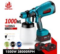 ONEVAN 1000ML Pistola a spruzzo elettrica a batteria Spruzzatore di vernice portatile Mobili Rivestimento in acciaio Aerografo per Makita 18V Batteria Pin
