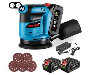 ONEVAN Levigatrice Rotoorbitale a Batteria 125mm, Levigatrice Eccentrica 12000 Giri/min, con Sacchetto per la Polvere e 2 Batterie da 3.0Ah, Smerigliatrice Elettrica per Legno e Metallo