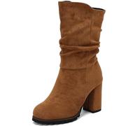 Onewus Stivali di media lunghezza da donna con tacco a blocco | Pelle scamosciata pieghevole per la città business, marrone, 43 EU