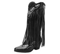 Onewus Stivali western da donna con tacco a blocco, tacco da 7,5 cm e altezza del gambale 32 cm, suola antiscivolo, fodera in pelo, per tutti i giorni e le feste, Nero , 39 EU