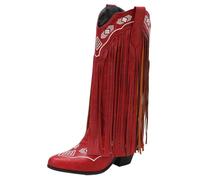 Onewus Stivali western da donna con tacco a blocco, tacco da 7,5 cm e altezza del gambale 32 cm, suola antiscivolo, fodera in pelo, per tutti i giorni e le feste, Colore: rosso, 38 EU