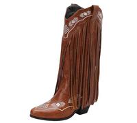 Onewus Stivali western da donna con tacco a blocco, tacco da 7,5 cm e altezza del gambale 32 cm, suola antiscivolo, fodera in pelo, per tutti i giorni e le feste, marrone, 37 EU