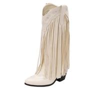 Onewus Stivali western da donna con tacco a blocco, tacco da 7,5 cm e altezza del gambale 32 cm, suola antiscivolo, fodera in pelo, per tutti i giorni e le feste, bianco, 42 EU