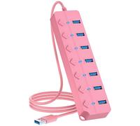 ONFINIO Hub USB 3.0, hub splitter USB a 7 porte con interruttori on/off e luci individuali, cavo lungo 1 m, compatibile con MacBook, laptop, Surface Pro, PS4, PC, unità flash, HDD mobile, rosa