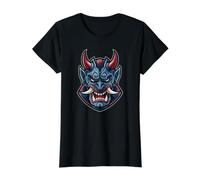 Oni Maschera Giappone Demonio Maglietta con Stampa Grafica Economica, Donna, Nero, L