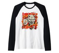 Oni Mask Japanese Demon - T-Shirt estetica Tatuaggio Fuoco Maglia con Maniche Raglan