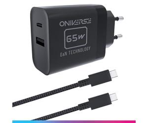Oniverse Adattatore AC 65W, doppia porta USB-C & USB-A - Caricabatterie Switch 2, Switch, OLED, Lite, PC, Steam Deck, Android, 1,5 m, 240V, Ricarica Intelligente, Cavo intrecciato USB-C incluso