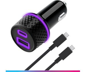Oniverse Adattatore accendisigari 60W, doppia porta USB-C USB-A - Caricabatterie auto Switch 2, Switch, OLED, Lite, PC, Android, 1,5 m, Ricarica Intelligente, Cavo intrecciato staccabile USB-C incluso