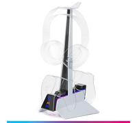 Oniverse Caricatore controller PS5 - Stazione di ricarica rapida 2H con supporto controller e accessorio PS5, doppio caricatore compatibile con DualSense, supporto rimovibile di ricarica per cuffie