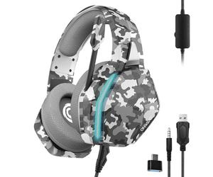 Oniverse Cuffie Gaming PS5 PS4 Switch compatibile con Xbox PC Mac con microfono regolabile, LED, altoparlanti da 50 mm, cuscinetti in tessuto traspirante - Cuffie stereo cablate Nebula (Urban Camo)