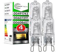 ONIX TECH 4 Pezzi Lampadina Alogena Universale G9 da Forno 25W 230V 300°С con codice Originale 00491743 00607291 00608657 per Bosch per Balay per Constructa per Siemens per Neff - Garanzia di 5 Anni