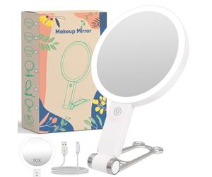 ONIYEA Specchio da viaggio con luce 10X, specchio ingranditore a doppio lato, specchio per trucco ricaricabile con illuminazione a 3 colori, touch screen dimmerabile, da appendere al tavolo (bianco)