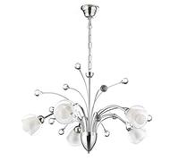 ONLI - Lampadario 5 luci in metallo cromato lucido decorato con sfere in cristallo e vetri bianchi e trasparenti