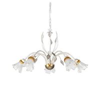ONLI - Lampadario 5 luci Lancia in metallo bianco spennellato argento con sfumature dorate e calle in vetro. 5 x E14, metallo;vetro