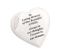 OnlineStreet Placche commemorative a forma di cuore per tomba, decorazione per tombe, personalizzabile con piume bianche e argentate, 15 x 15 cm (angelo)