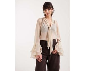 ONLY - Blusa accollata trasparente color panna con maniche con volant-Bianco 38