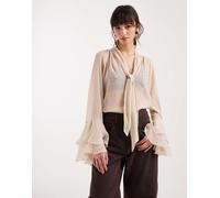 ONLY - Blusa accollata trasparente color panna con maniche con volant-Bianco 42