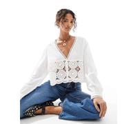 ONLY - Blusa taglio corto bianca con dettagli traforati-Bianco 42