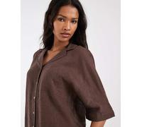 Only - Camicia a maniche corte in misto lino marrone scuro in coordinato 36