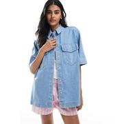 ONLY - Camicia oversize a maniche corte azzurra con tasche sul davanti-Blu 38