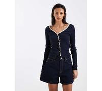 ONLY - Cardigan in maglia a coste blu navy con bordi smerlati e cuciture a contrasto 34