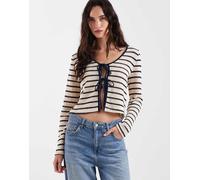 ONLY - Cardigan in maglia color crema e blu a righe allacciato sul davanti 34