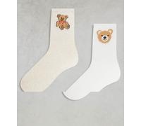 ONLY - Confezione da 2 paia di calzini bianchi e pietra con orsetti ricamati-Bianco One Size