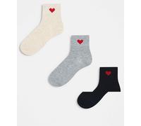 Only - Confezione da 3 paia di calzini neri, beige e grigi con cuore-Multicolore One Size